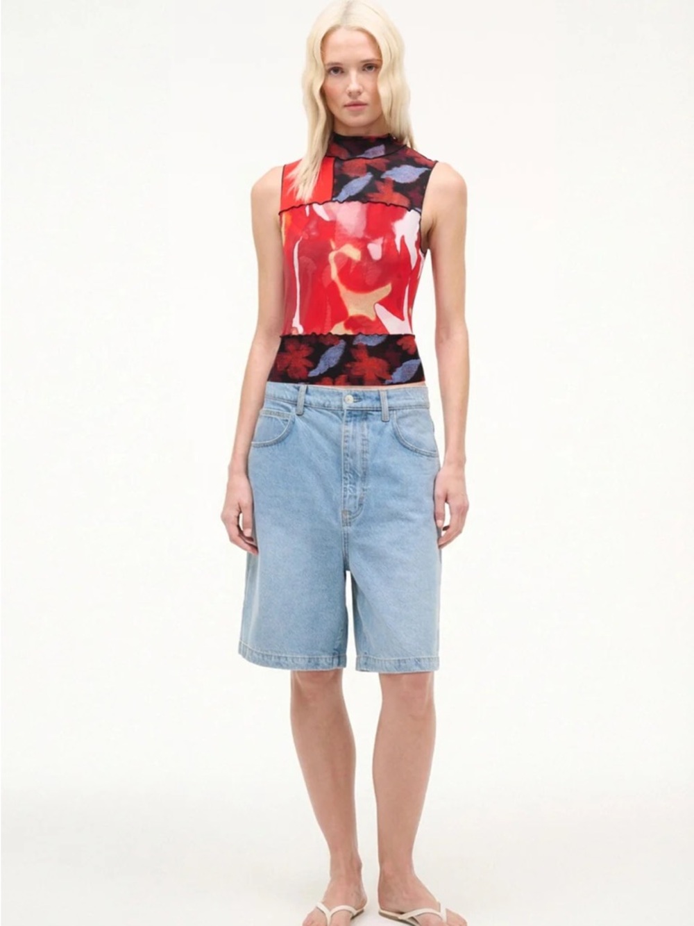 STAUD Red Floral Print Sleeveless Mock Neck Tank